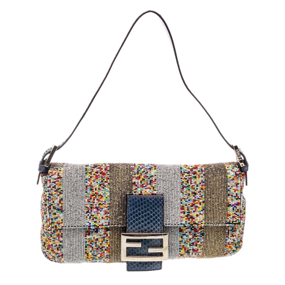 Fendi Multicolor Beaded Confetti Navy Snakeskin Trimmed Baguette